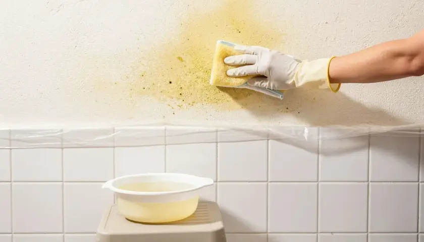 Mano con guanto pulisce macchie gialle su cartongesso con una spugna. Sotto, piastrelle bianche e una bacinella d'acqua.