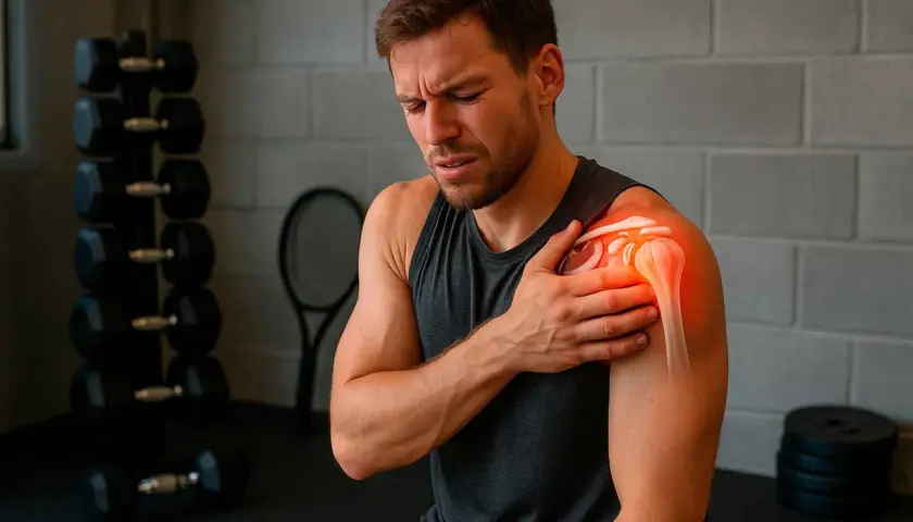 Hombre con dolor deltoides, sujetando su hombro con expresión de sufrimiento. En el gimnasio, con pesas y raqueta de fondo.