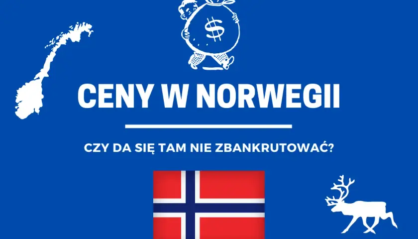 Mapa Norwegii, symbol dolara i renifer. Napis: "Ceny w Norwegii. Czy da się tam nie zbankrutować?".