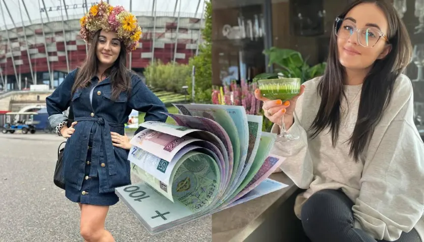 Ania z Rolnik szuka żony w wianku i dżinsowej sukience, obok stos banknotów. Po drugiej stronie Ania z zielonym koktajlem.