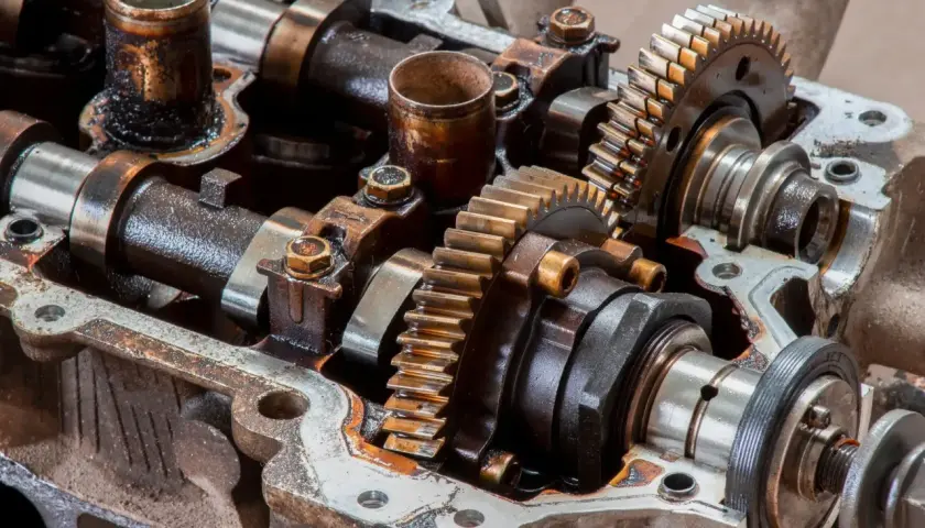 Widok mechanizmu zębatkowego, gdzie koło zmiennych faz rozrządu jest kluczowym elementem.