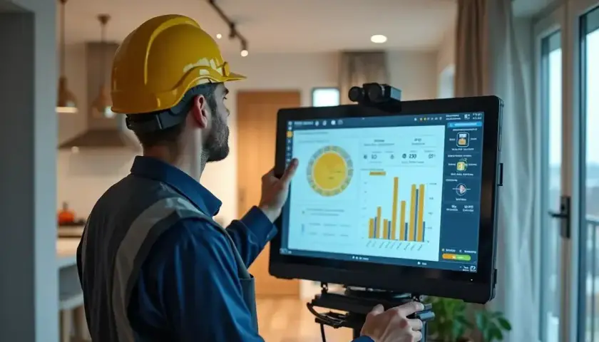 Specjalista w żółtym kasku analizuje dane na ekranie, szukając informacji, ile kosztuje audyt energetyczny.