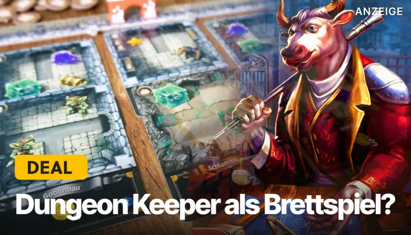 Ein detailreiches Dungeon-Crawler-Brettspiel mit Goblins, Schätzen und einem stilvollen Bullen-Charakter.