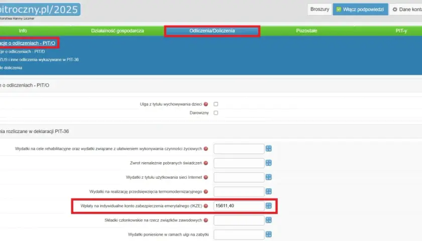 Jak rozliczyć ikze w pit? Na stronie pitroczny.pl widzimy formularz do rozliczeń, gdzie wpisano 15611,40 zł wpłat na IKZE.