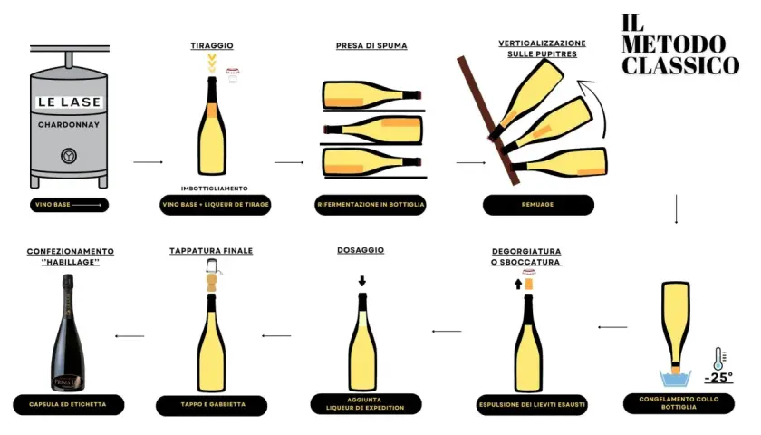 Illustrazione del processo di produzione vino Metodo Classico: dal vino base all'imbottigliamento, presa di spuma, remuage, degorgiatura e confezionamento.