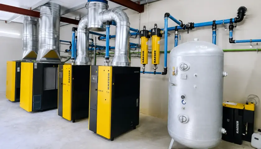 Instalación industrial con compresores y secadores de aire comprimido, tuberías azules y un gran tanque de almacenamiento plateado.
