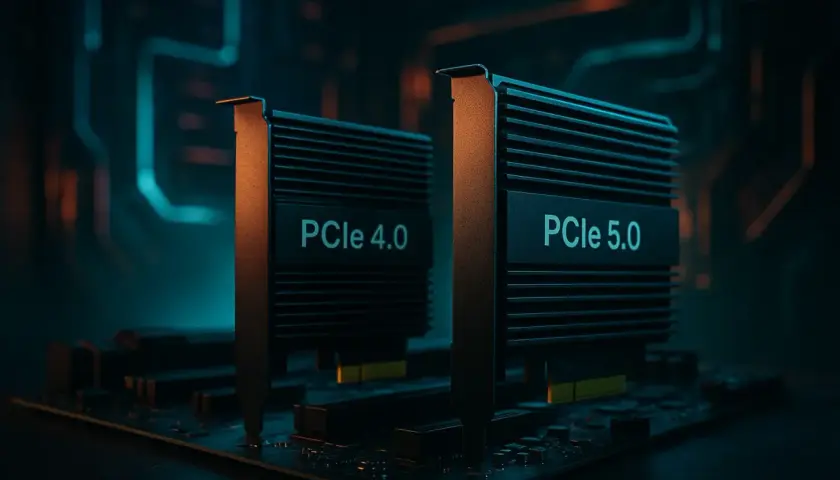 Zwei PCIe-Karten, PCIe 4.0 und PCIe 5.0, stehen nebeneinander auf einer Leiterplatte.