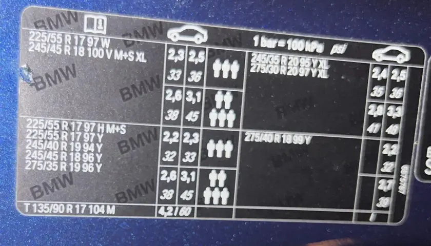 Naklejka BMW z informacją o ciśnieniu w oponach. Dla rozmiaru 225/55 R17, ciśnienie wynosi 2,3-2,5 bar (33-36 psi) przy obciążeniu do 3 osób.