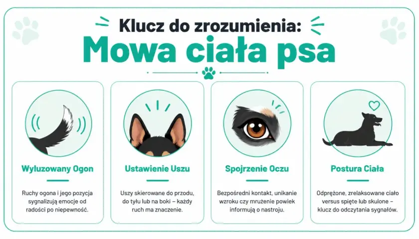 Mowa ciała psa: ogon, uszy, oczy i postawa. Ruchy ogona i jego pozycja sygnalizują emocje od radości po niepewność.