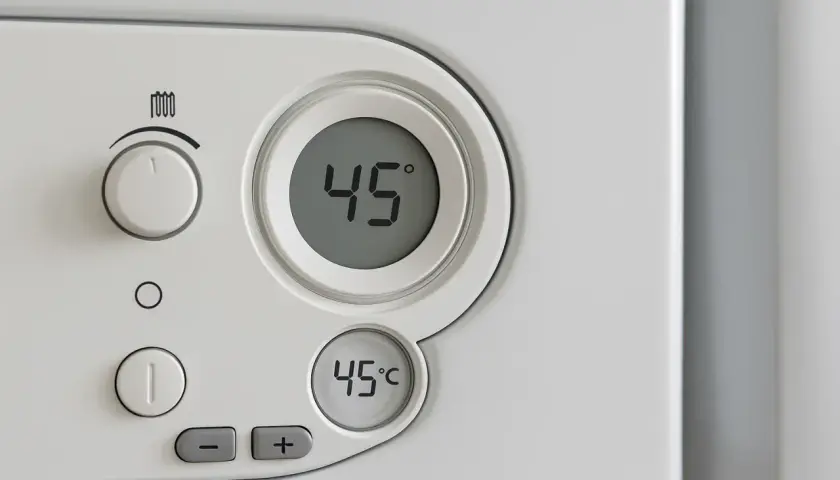 Panel sterowania pieca gazowego. Cyfrowy wyświetlacz pokazuje 45°C. Dowiedz się, jak wyłączyć piec gazowy na lato.