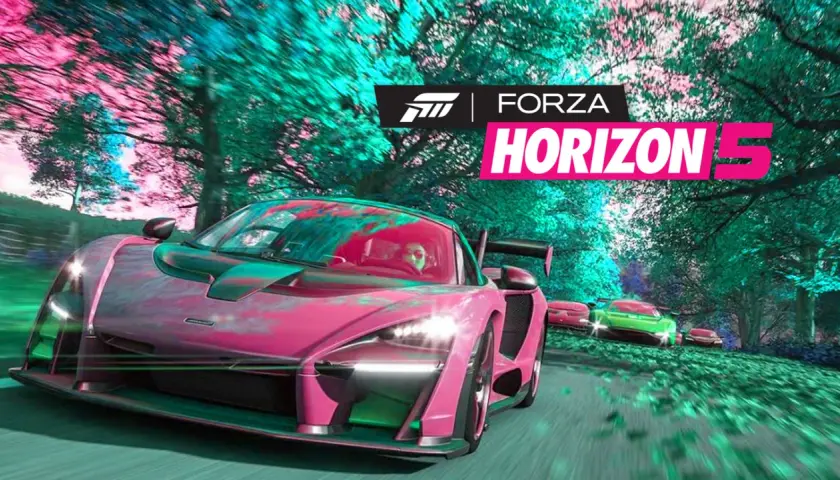 Ein pinker McLaren Senna rast durch eine bunte Landschaft. Der Schriftzug "Forza Horizon 5" ist prominent platziert, was auf einen Test des Spiels hindeutet.