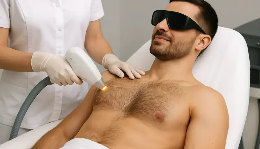 Mężczyzna w okularach ochronnych poddaje się zabiegowi depilacji laserowej klatki piersiowej. Specjalistka w rękawiczkach używa urządzenia emitującego światło.