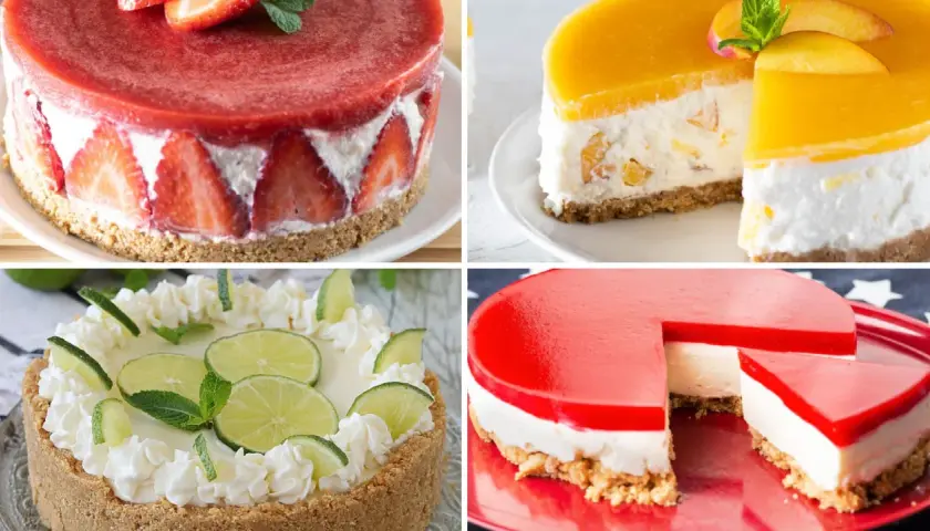 Quattro cheesecake: fragola, pesca, lime e gelatina rossa. Ogni topping cheesecake è un'opera d'arte.
