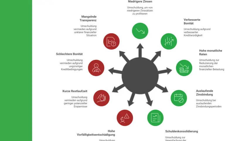 Umschuldungsszenarien: Niedrigere Zinsen, verbesserte Bonität, hohe Raten, Auslaufende Zinsbindung, Schuldenkonsolidierung, hohe Vorfälligkeitsentschädigung, schlechtere Bonität, mangelnde Transparenz. Keine Bank will umschulden.