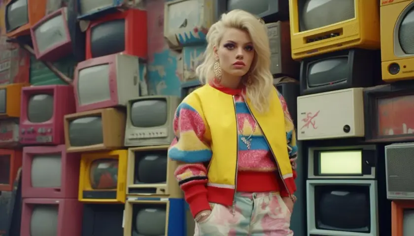 Stylizacja w stylu lat 80. na tle stosu kolorowych telewizorów. To jak pierwsza reklama w Polsce, która przyciąga wzrok!