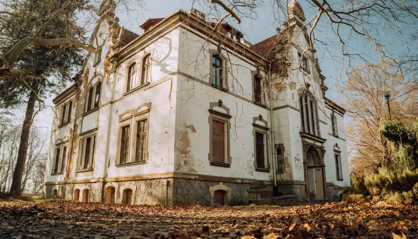 Opuszczony pałac w Polsce, zniszczony tynk i suche gałęzie drzew tworzą melancholijny obraz.