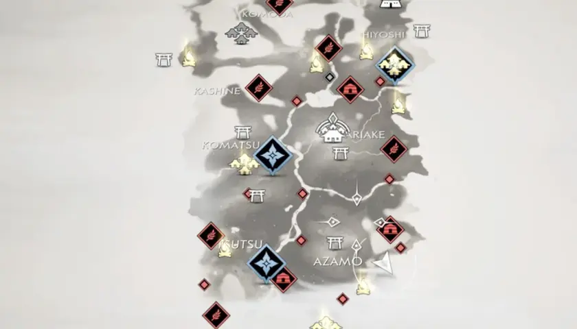 Mapa wyspy Tsushima z zaznaczonymi lokacjami, takimi jak Komoda, Kashine, Komatsu, Ariake, Hiyoshi i Azamo.