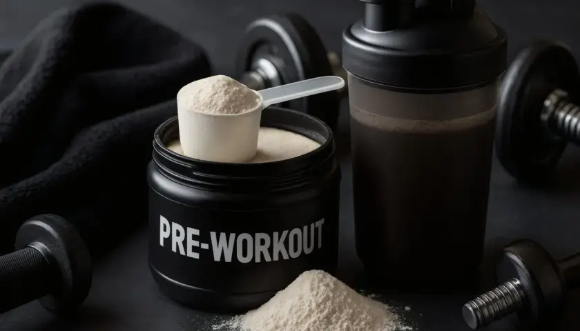 Pojemnik z napisem "PRE-WORKOUT" i miarka proszku. Obok shaker z napojem i hantle. To jest przedtreningówka co to za produkt?