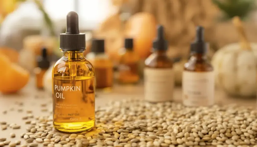 Aceite de semilla de calabaza, ideal para el crecimiento del cabello y la reducción de la pérdida de cabello. Un aliado natural contra el DHT.