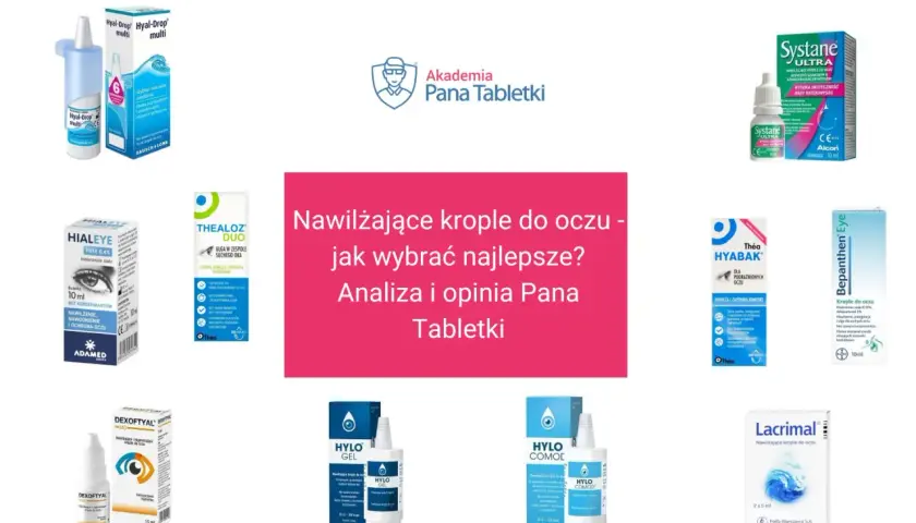 Nawilżające krople do oczu - analiza i opinia Pana Tabletki. Na zdjęciu produkty: Hyal-Drop, Hialeye, Thealoz Duo, Systane, Hyabak, Bepanthen Eye, Dexoftal, Hylo Gel, Hylo Comod, Lacrimal.
