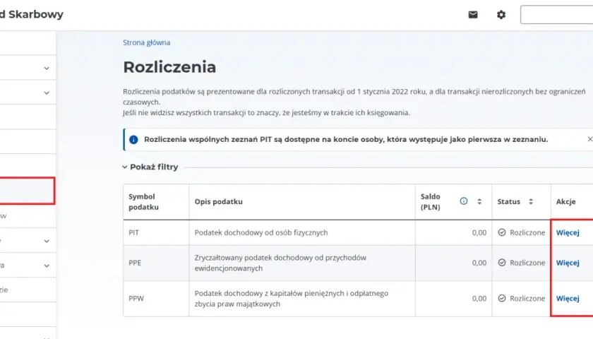 Widok rozliczeń podatkowych w e-Urzędzie Skarbowym. Można tu sprawdzić zaliczki na podatek dochodowy PIT, PPE, PPW.