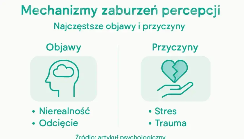 Mechanizmy zaburzeń percepcji: objawy (nierealność, odcięcie) i przyczyny (stres, trauma). Depersonalizacja może być skutkiem tych czynników.