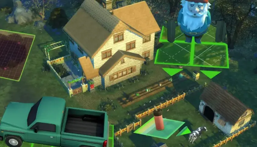 Wirtualna farma w The Sims 4 z domem, ciężarówką, krową i gigantycznym krasnalem. Użyj kody na debug, by wszystko działało!