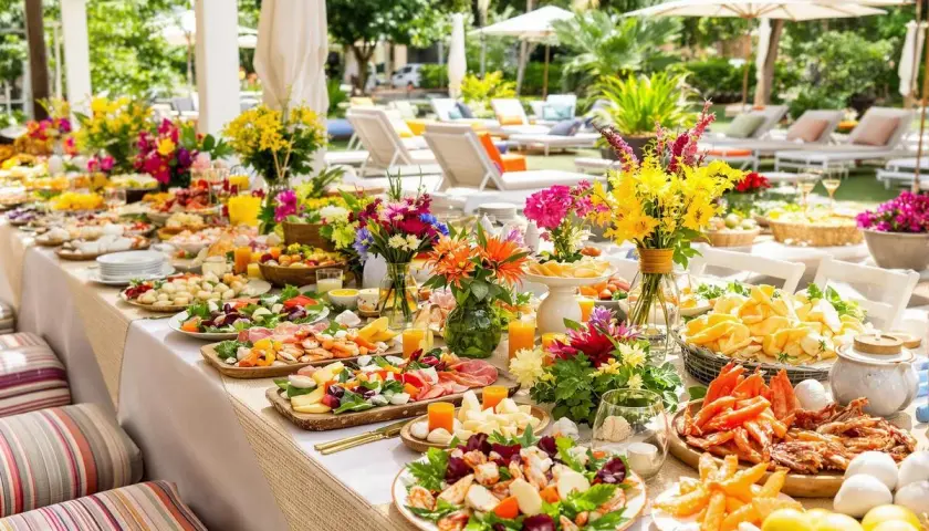 Un grand buffet en plein air, décoré de fleurs colorées, invite à un repas entre amis. Des fruits de mer, fromages et salades composent ce festin estival.
