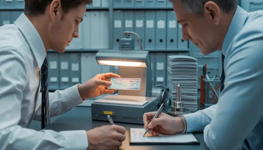 Deux hommes vérifient un chèque sous une lampe. L'un tient le chèque, l'autre remplit un formulaire, processus de depot cheque.