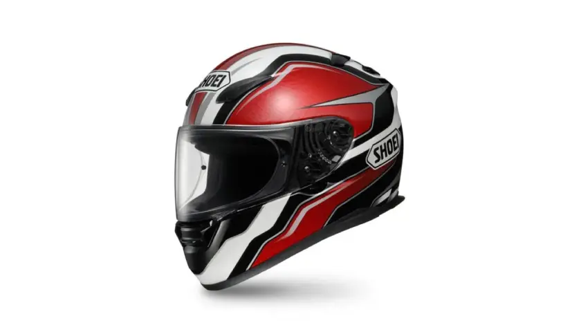Casco de moto con diseño agresivo en rojo, blanco y negro. Su forma aerodinámica y líneas afiladas le dan un aspecto de sharp helmet listo para la velocidad.