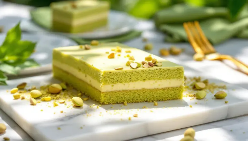 Un délicieux entremet pistache, aux couches aériennes et garni de pistaches concassées, prêt à être dégusté.