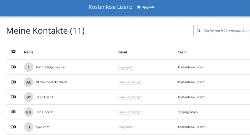 Übersicht der Kontakte mit kostenfreier Lizenz. Hier verwaltest du dein Team und lädst neue Nutzer ein.