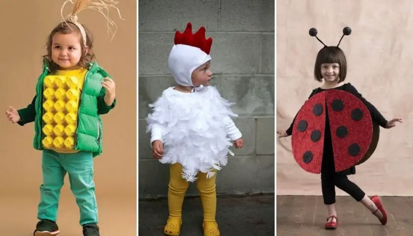Niños con disfraces caseros de cuentos infantiles: un niño como mazorca de maíz, otro como pollito y una niña como mariquita.