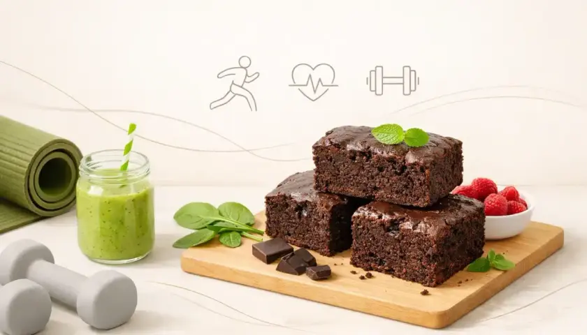 Zdrowe brownie z mąki pełnoziarnistej, zielony koktajl, maliny i akcesoria do ćwiczeń. Idealne połączenie przyjemności i aktywności.