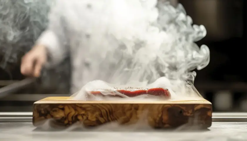 Un morceau de viande rouge est posé sur une planche en bois, entouré d'une fumée dense. Cela illustre comment fonctionne un fumoir pour infuser des arômes.