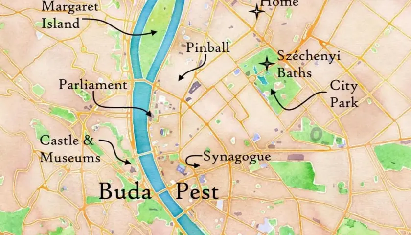 Mapa pokazuje, gdzie jest Budapeszt: Parlament, Zamek i Muzea, Wyspa Małgorzaty, Széchenyi Baths, Synagoga i Park Miejski.