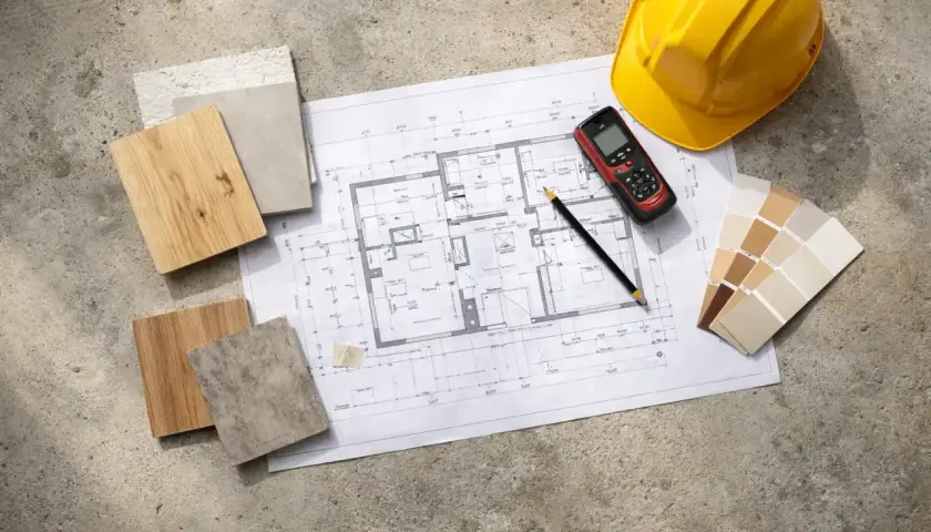 Bauplan, Materialmuster und Farbpalette für die Sanierung eines Hauses. Gelber Helm und Messgerät deuten auf die Kosten hin.