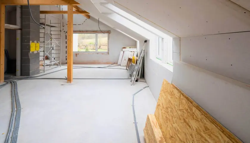 Budowa domu 30m2 w toku: rusztowania, materiały budowlane, instalacje.