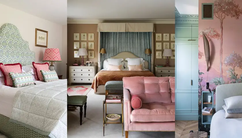 Charming small romantic bedroom ideas: patterned headboard, plush pink sofa, and a dreamy floral mural create cozy retreats.