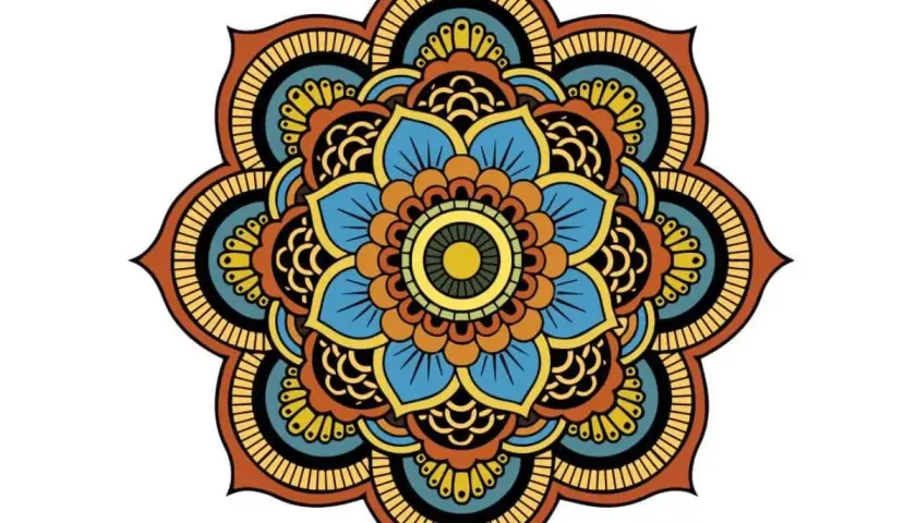 Kolorowa mandala z niebieskimi płatkami i żółtym środkiem, otoczona pomarańczowymi i czarnymi wzorami.