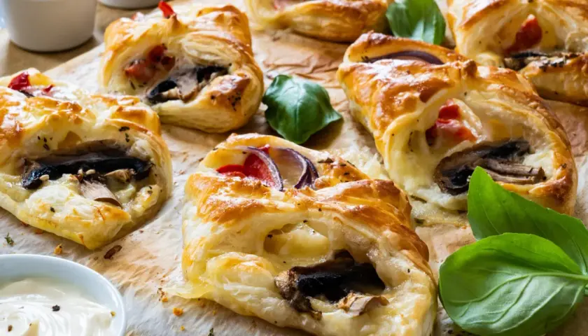 Chrupiące przekąski z ciasta francuskiego z serem i szynką, pieczone do złocistego koloru, podane z listkami bazylii.