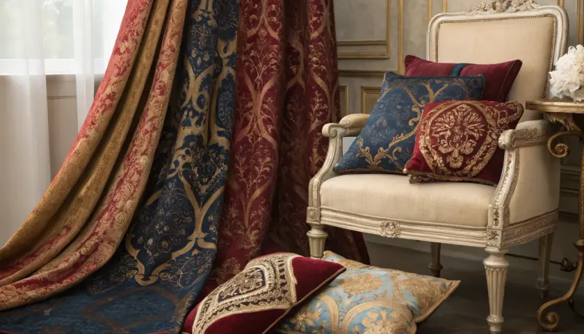 Rideau et coussins aux motifs **damassés** dorés sur fond bleu marine et rouge. Un fauteuil élégant complète la scène.