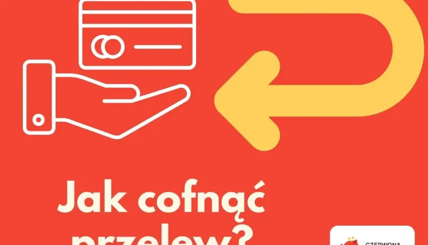 Grafika pokazuje rękę z kartą płatniczą i strzałkę zwrotną. Tekst "Jak cofnąć przelew?" sugeruje, że obraz dotyczy tej czynności, np. w Santander.