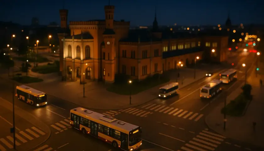 Nocne autobusy we Wrocławiu przemierzają puste ulice. W tle oświetlony zabytkowy budynek.