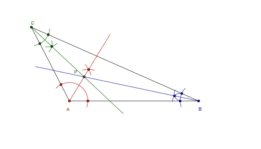 Konstrukcja geometryczna trójkąta rozwartokątnego ABC z zaznaczonym punktem P i łukami cyrkla.