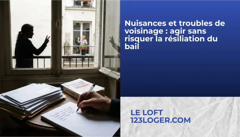 Silhouette d'une femme faisant un signe de paix, face à une autre femme sur un balcon. Le texte parle de **conflit de voisinage**.