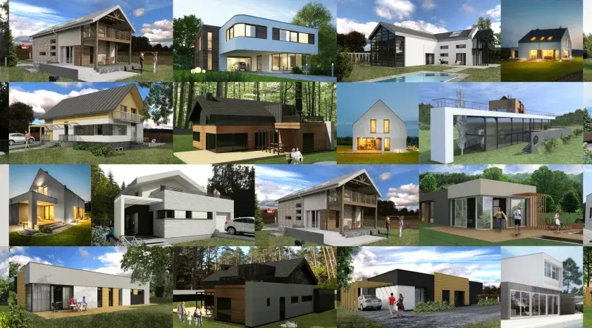 Siatka zdjęć nowoczesnych domów jednorodzinnych w różnych stylach architektonicznych.