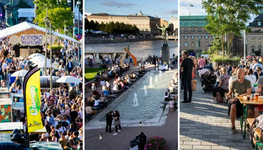 Folkmyller vid Norrbro Marknad och en somrig kväll vid vattnet i Stockholm, en härlig atmosfär som påminner om en stockholm music festival.