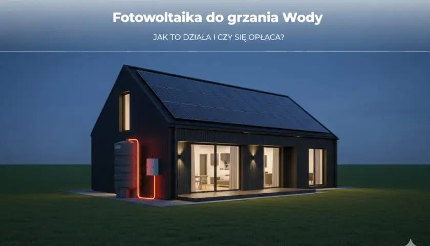 Nowoczesny dom z panelami fotowoltaicznymi na dachu i zasobnikiem ciepłej wody. Fotowoltaika do grzania wody to ekologiczne rozwiązanie.