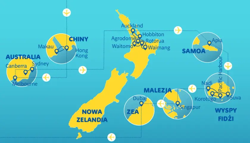 Mapa podróży po Australii, Nowej Zelandii i wyspach Pacyfiku. Zobacz połączenia lotnicze z Chin, Malezji i ZEA do **Oceania**.